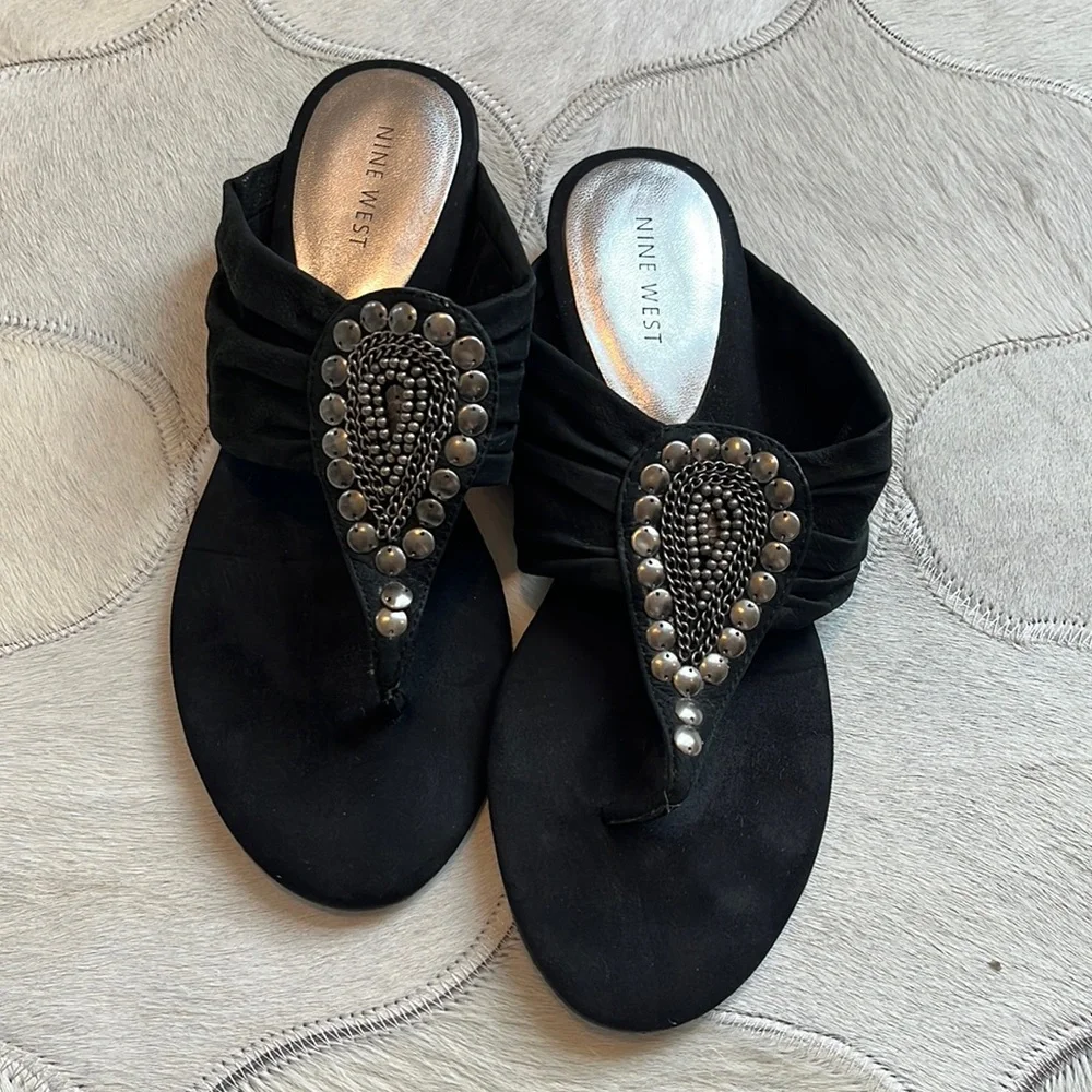 Nine West Black Embellished Thong Sandals